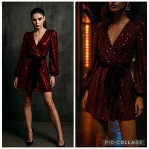 ✨ Stunning Red Sequin Wrap Dress – Velvet Belt – Holiday/Party Glam ✨